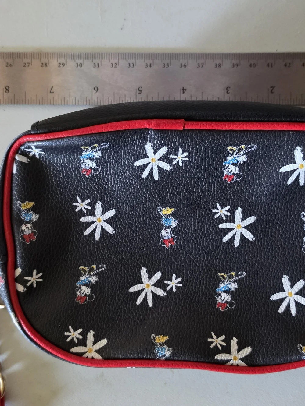 Disney Minnie Mouse Black Crossbody Bag with Red Trim and Daisy Print